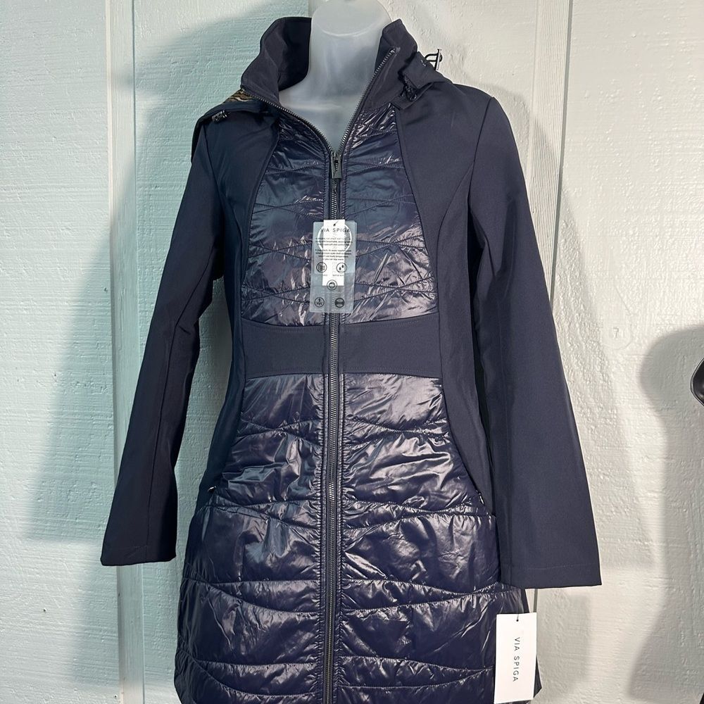 Via Spiga Elliptical Quilted Softshell Jacket Navy L Leopard Lining Size XS NWT - Picture 3 of 11